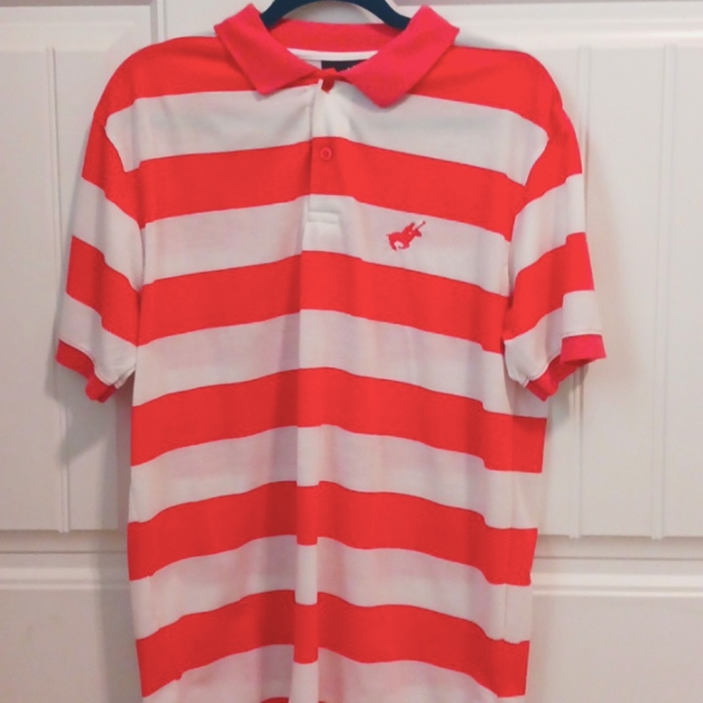 Pacific Polo Club Men's Size Large, Red And White Striped Collared Polo Shirt